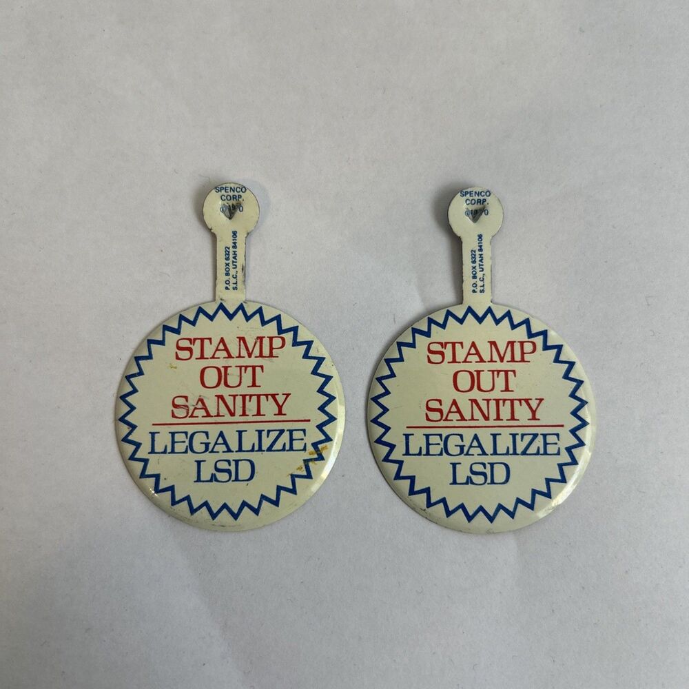 Vintage Stamp Out Sanity Legalize LSD Spenco Corp 1970 Metal Pin Button Lot of 2